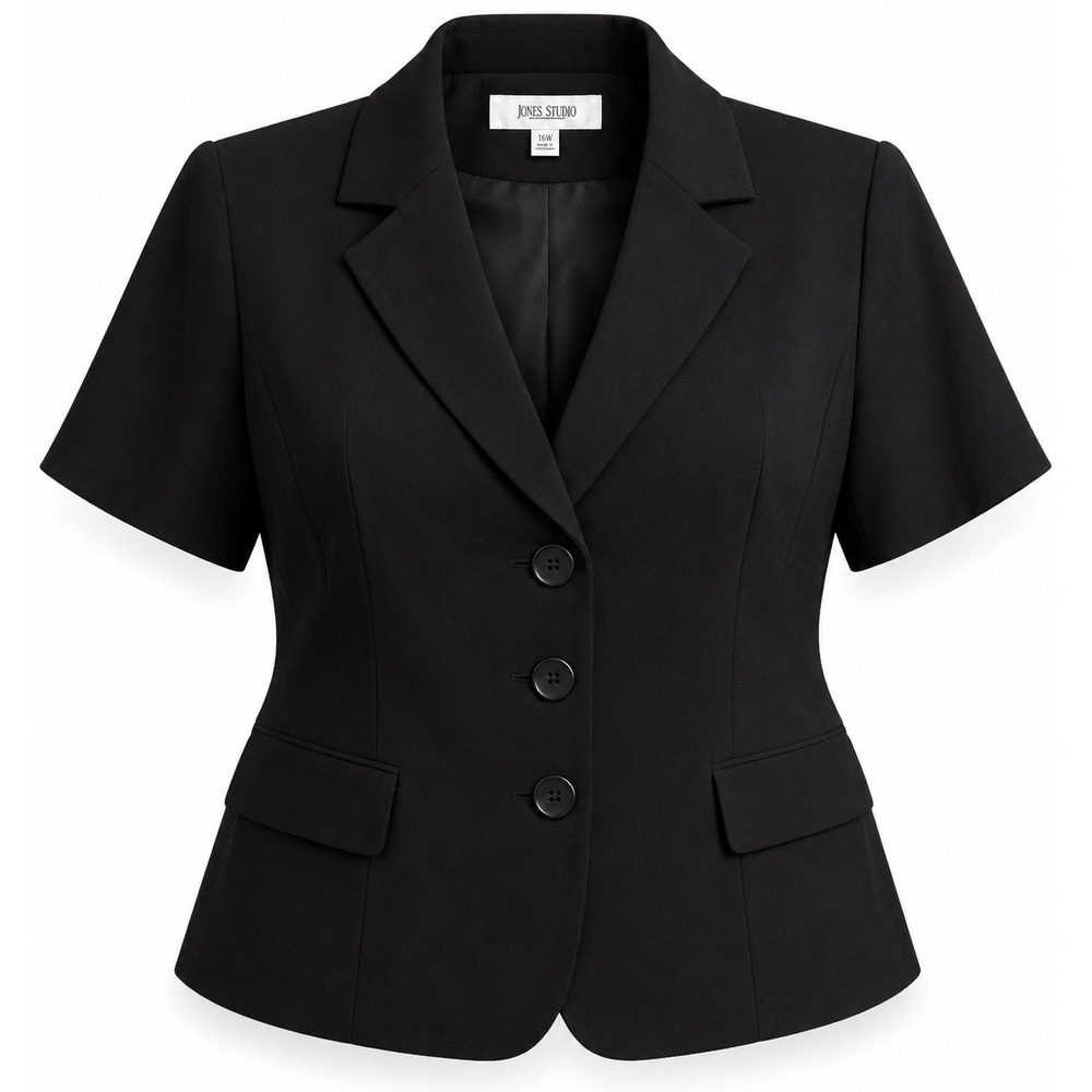 Jones Studio Women 16W Black Short Sleeve Blazer Button Front Shoulder Pads Plus